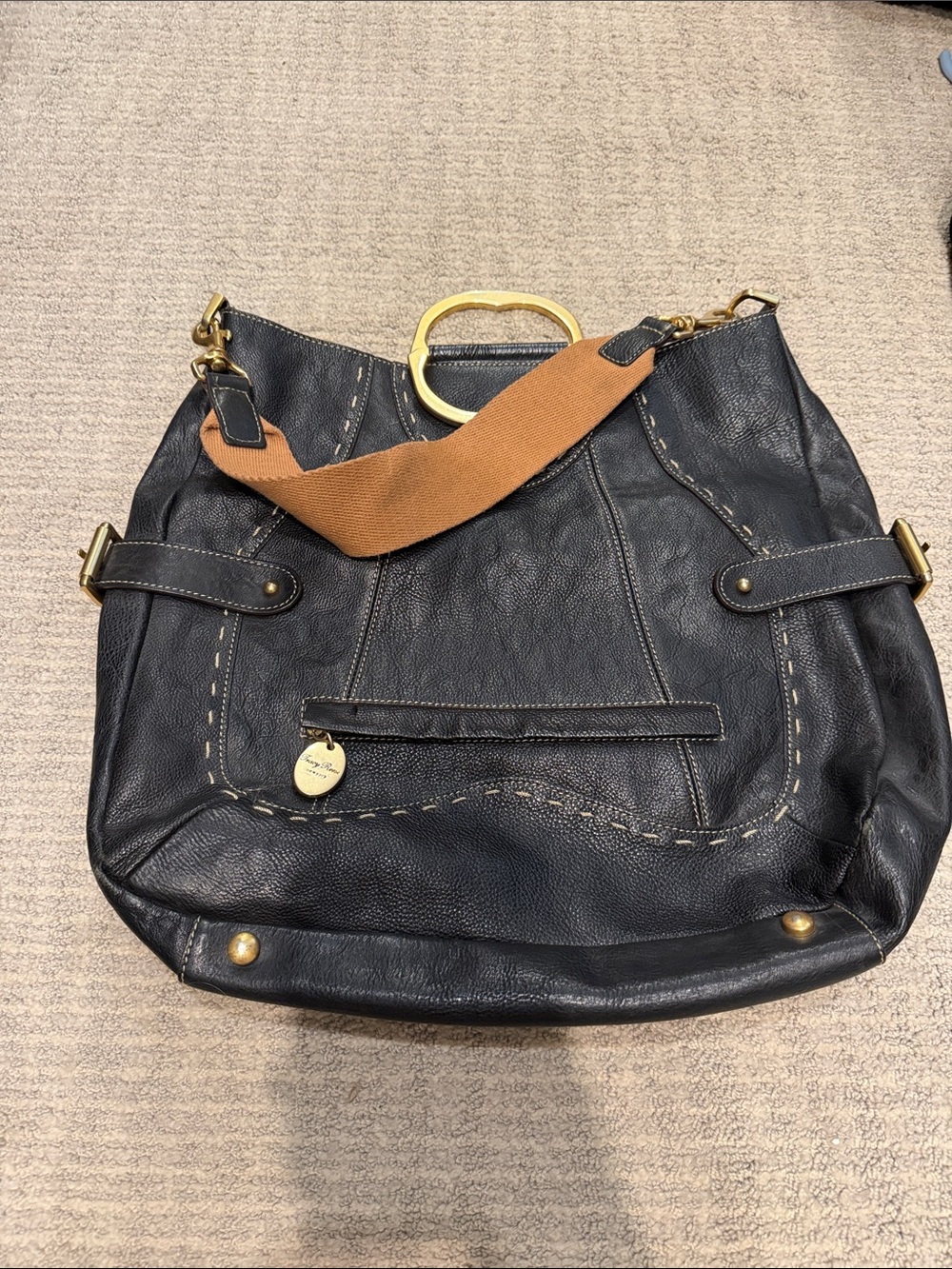 Y2K Tracey Reese vintage Women’s Black Leather Tote with Tan Strap.